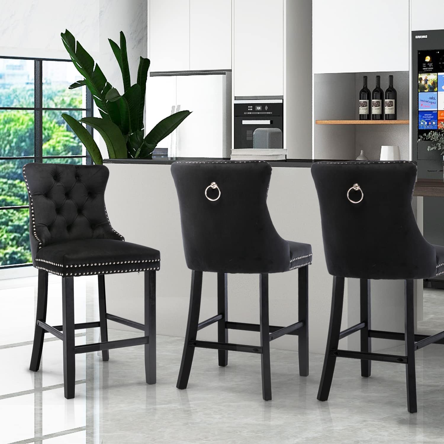 Elegant Velvet Bar Stools with Studs Trim