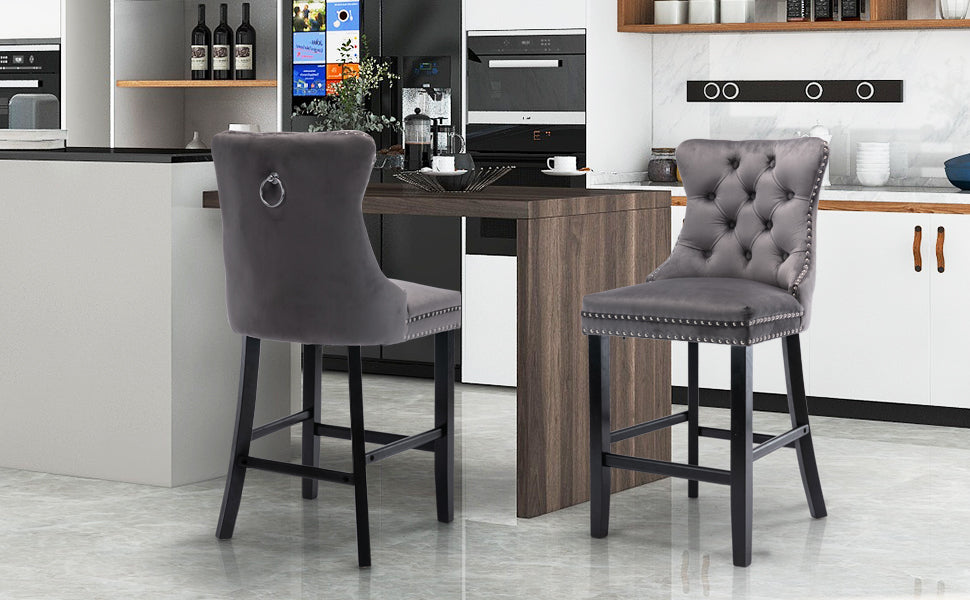 Elegant Velvet Bar Stools with Studs Trim