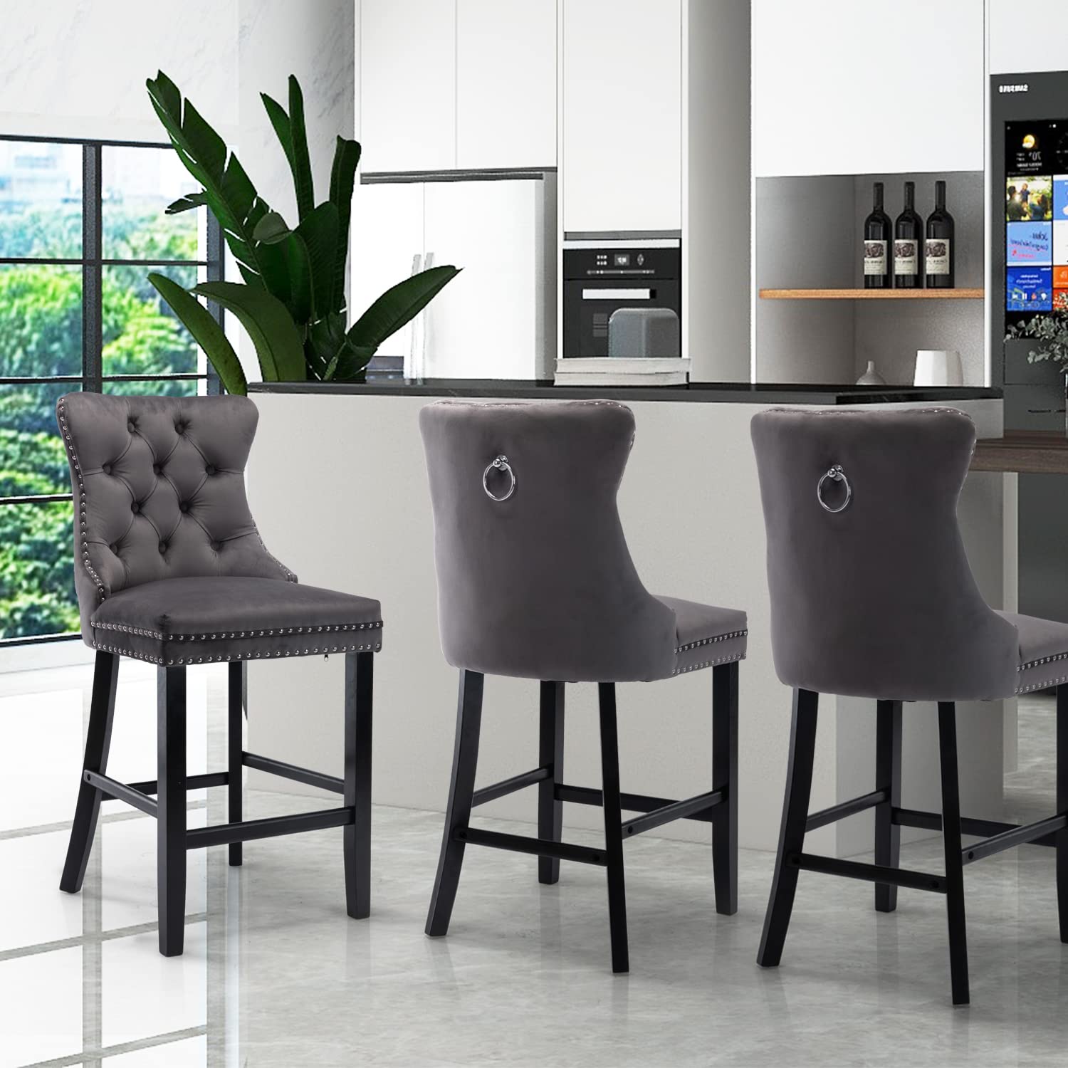 Elegant Velvet Bar Stools with Studs Trim
