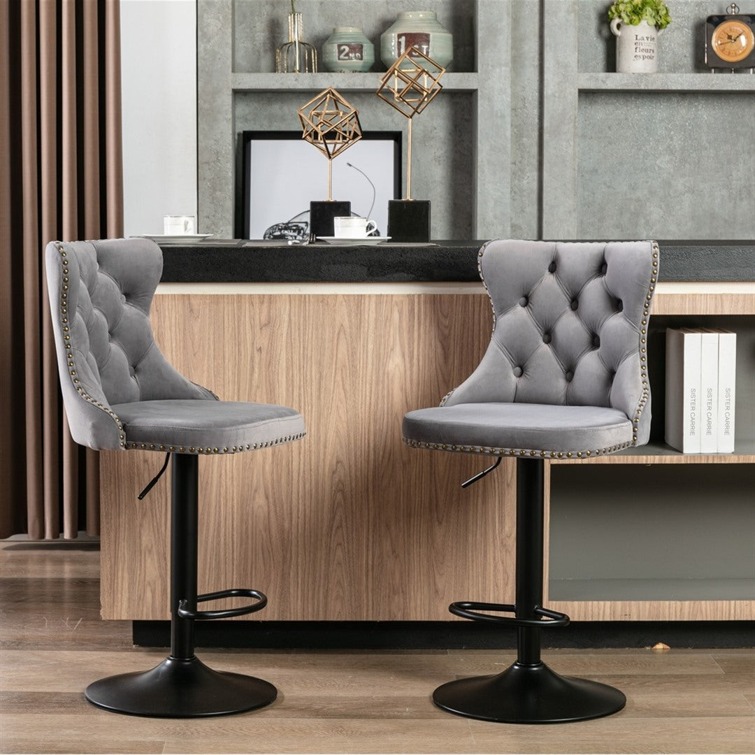 Height Adjustable Velvet Nailhead Bar Stools