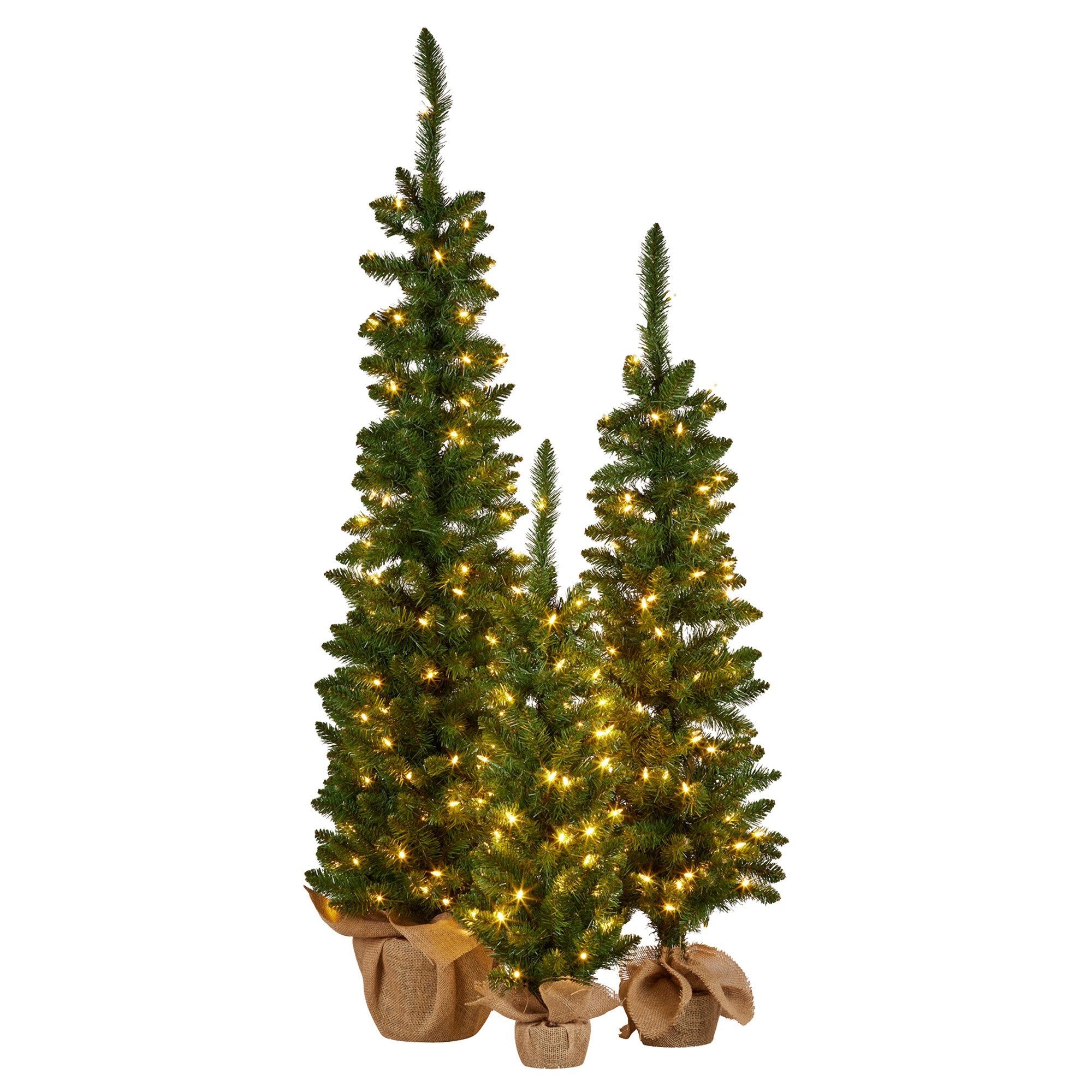 Set of 3 Pre-Lit Christmas Trees with Hessian Bases