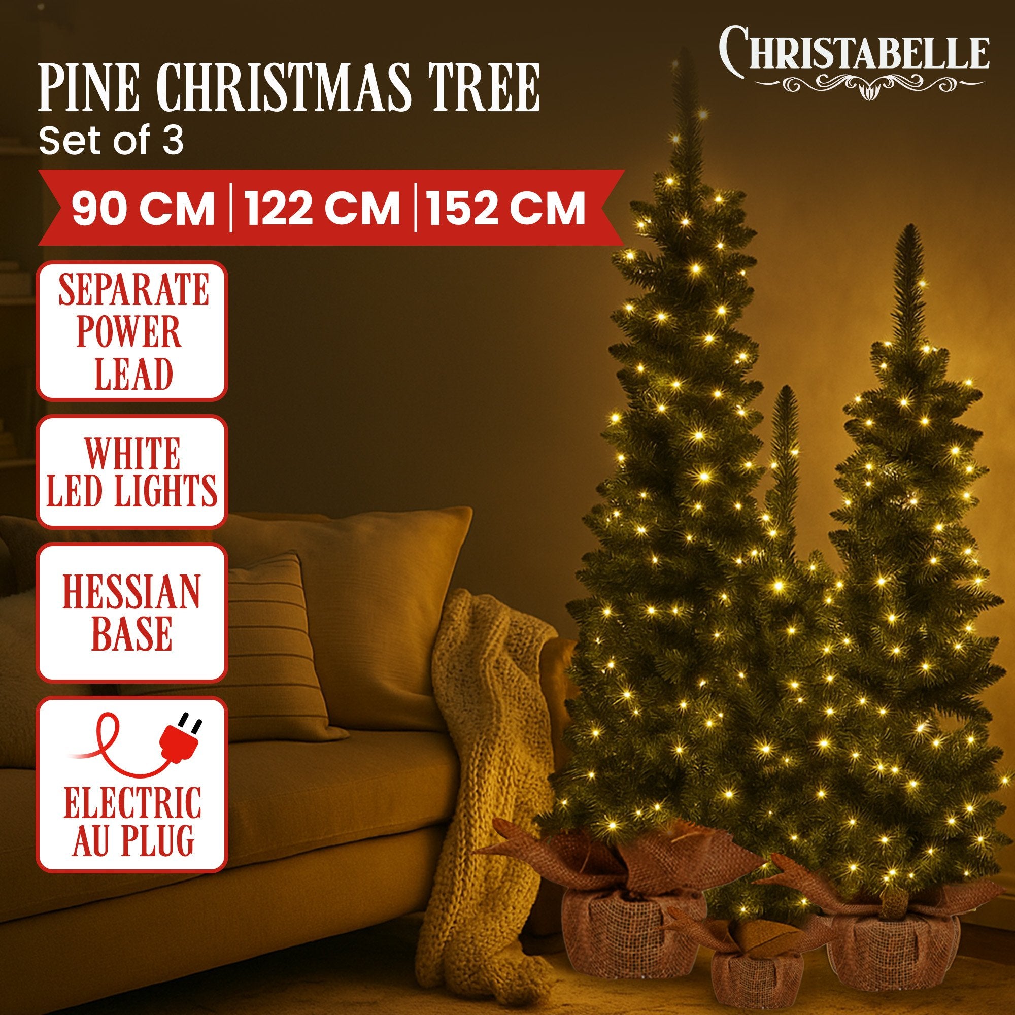 Set of 3 Pre-Lit Christmas Trees with Hessian Bases