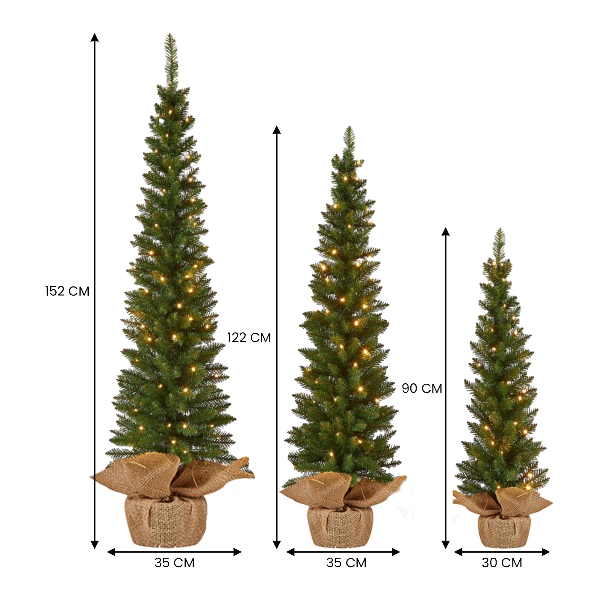 Set of 3 Pre-Lit Christmas Trees with Hessian Bases