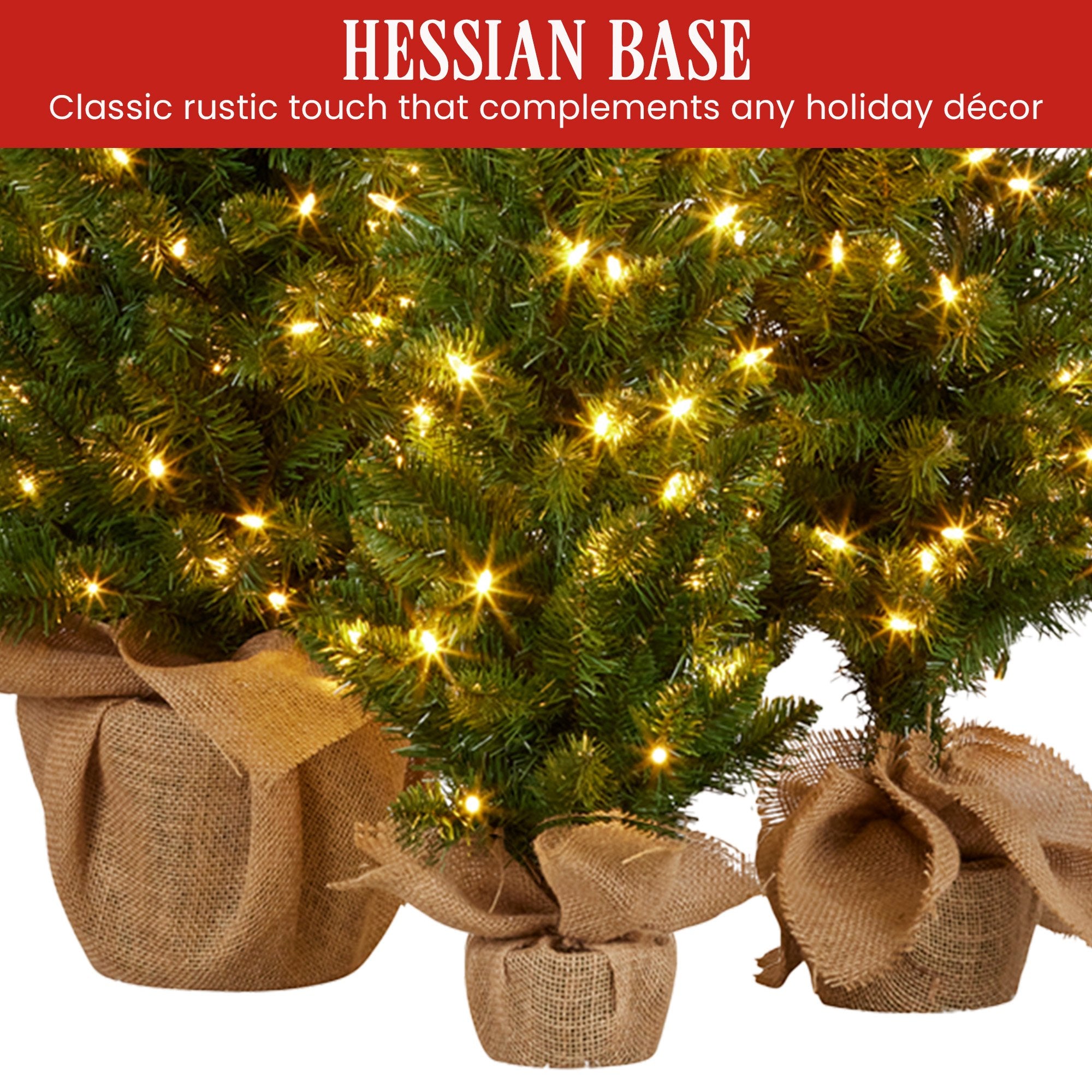 Set of 3 Pre-Lit Christmas Trees with Hessian Bases