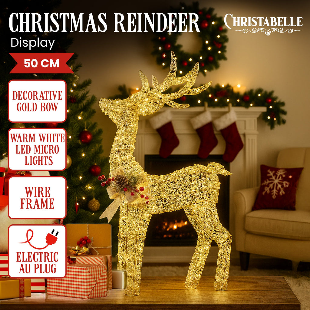 Illuminated Gold Bow Christmas Reindeer Display