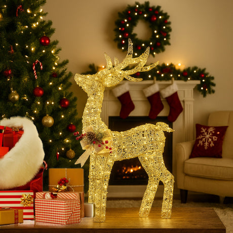 Illuminated Gold Bow Christmas Reindeer Display