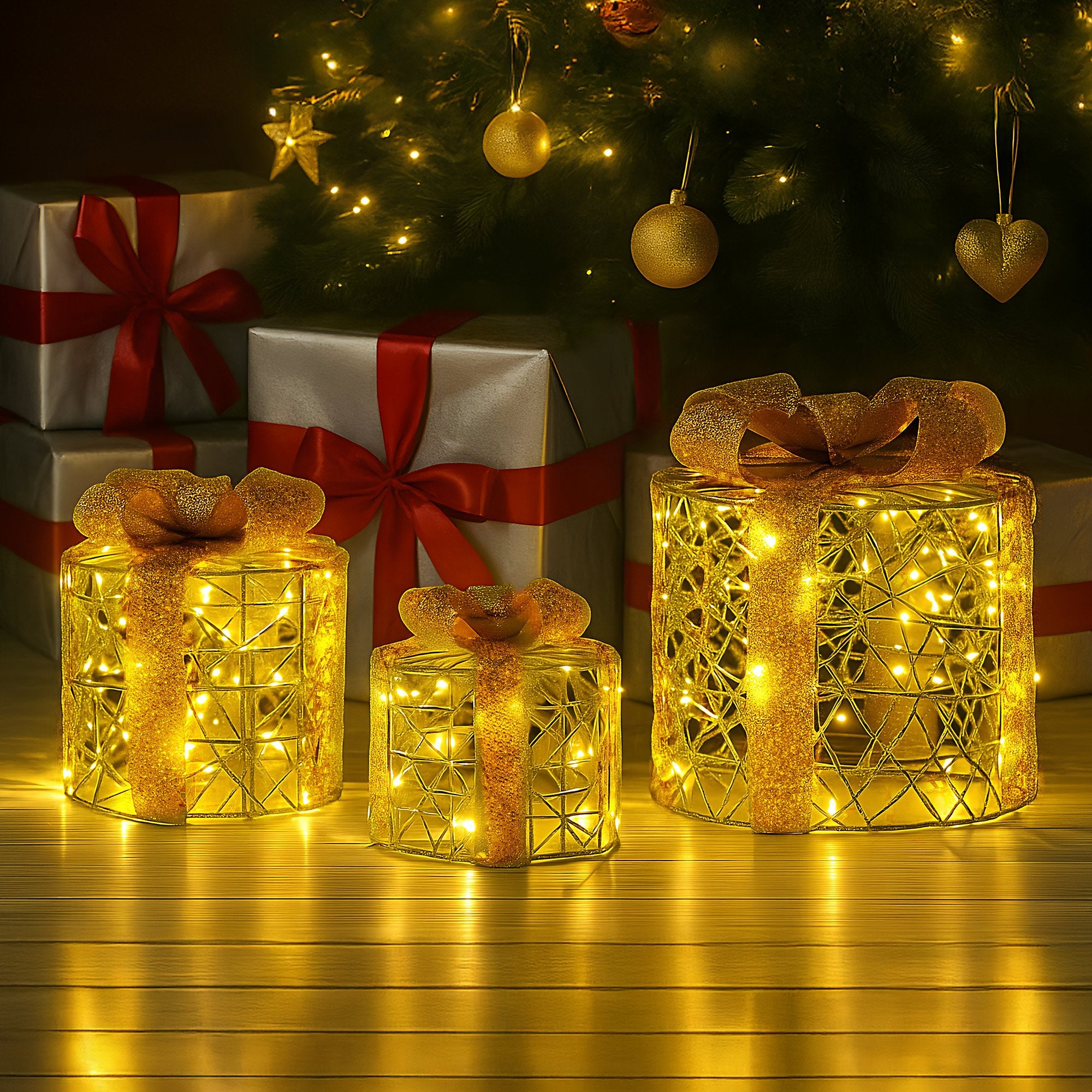 Elegant Gold LED Christmas Gift Box Set