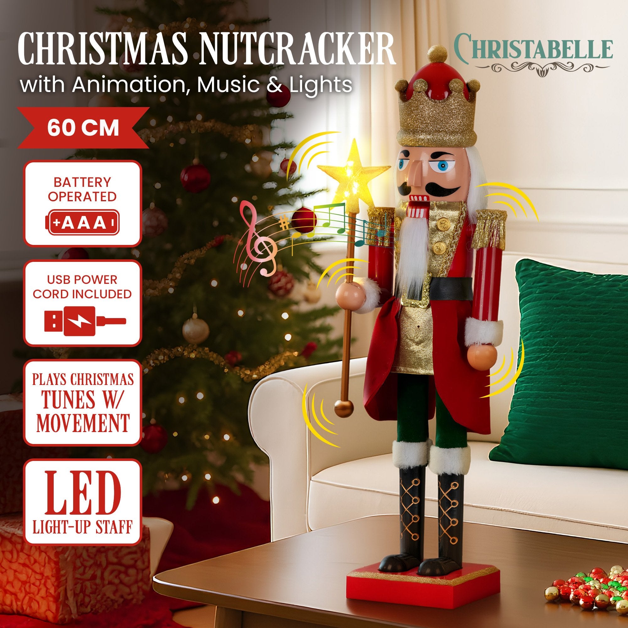 Musical LED Animated Nutcracker Decoration 60cm