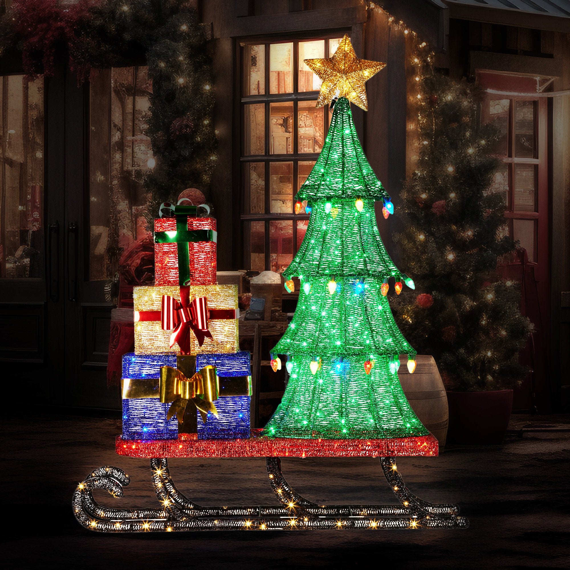 Festive 183cm Christmas Sled Display with Lights
