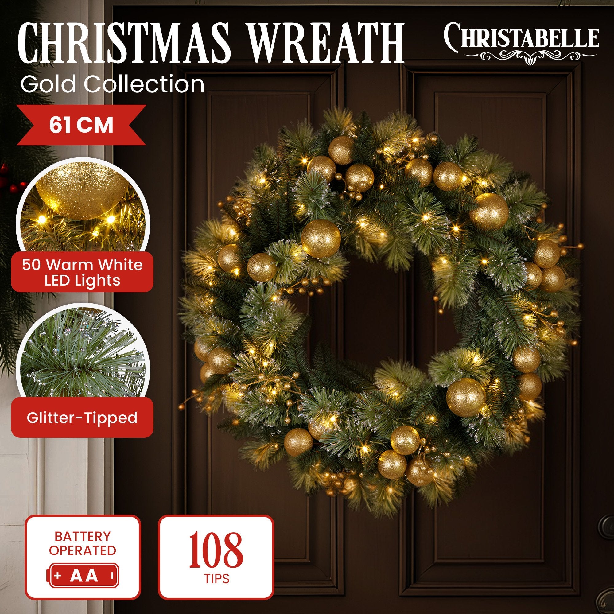 Christabelle Glittery LED Christmas Wreath 61cm