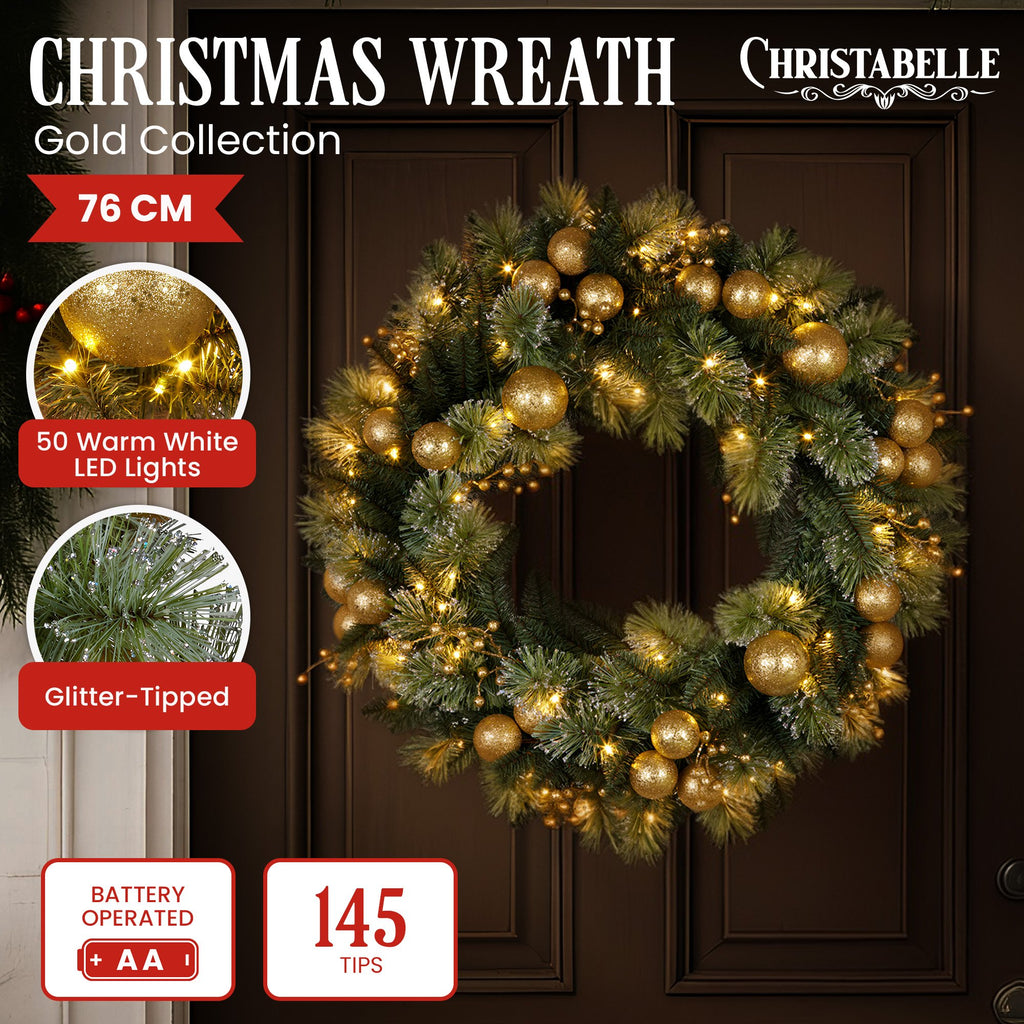 Christabelle LED Christmas Wreath with Golden Baubles