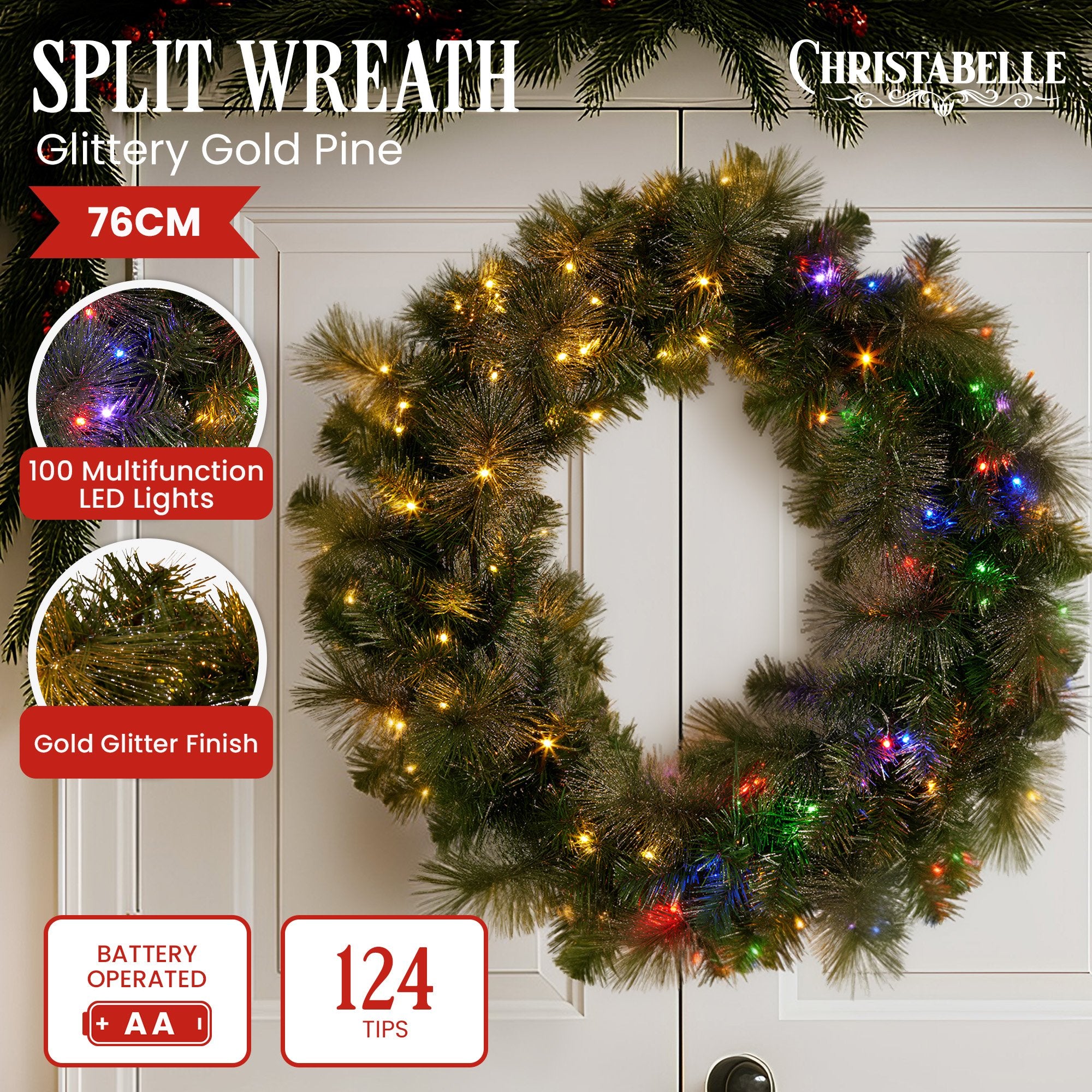 Elegant 76cm Split Christmas Wreath with LEDs