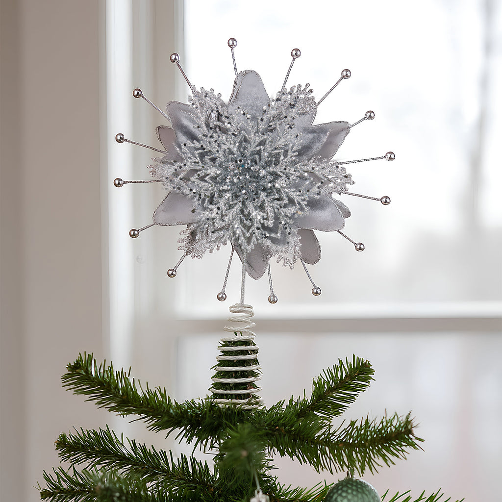 Elegant Silver Poinsettia Tree Topper