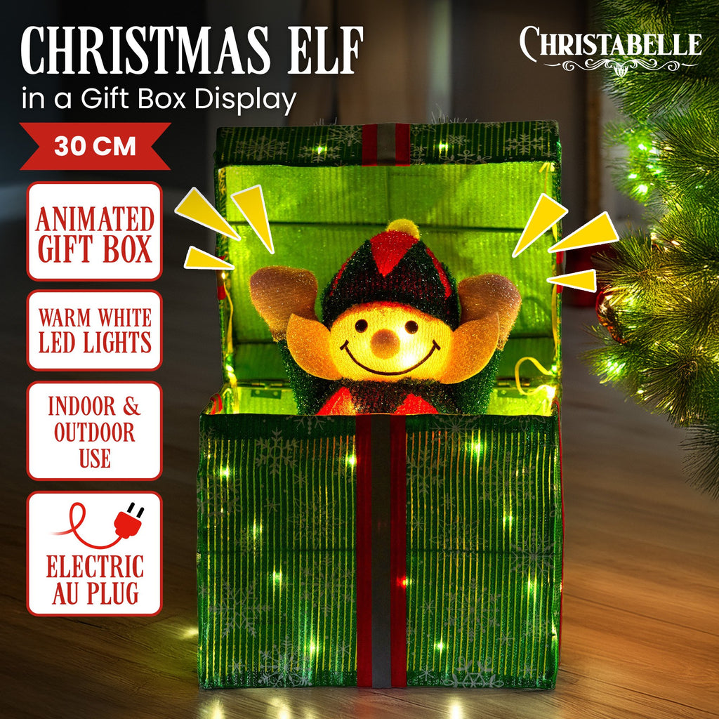 Animated Elf Gift Box with LED Lights