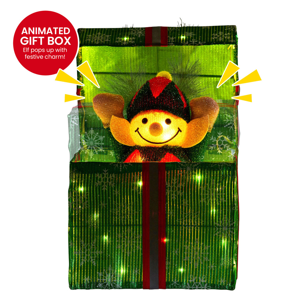 Animated Elf Gift Box with LED Lights
