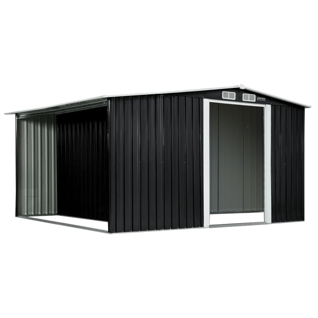 Black metal storage shed with open doors on a white background