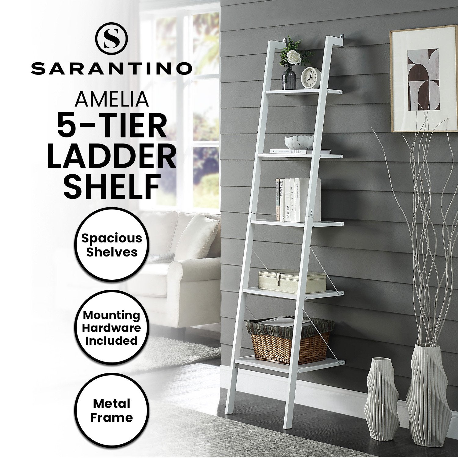 Sarantino Amelia White 5-Tier Ladder Shelf