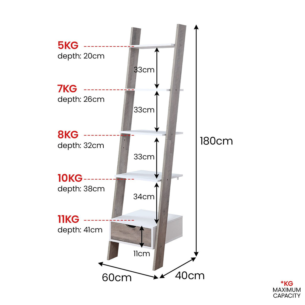 Sarantino Mira 5-Tier Ladder Shelf - White & Grey Oak