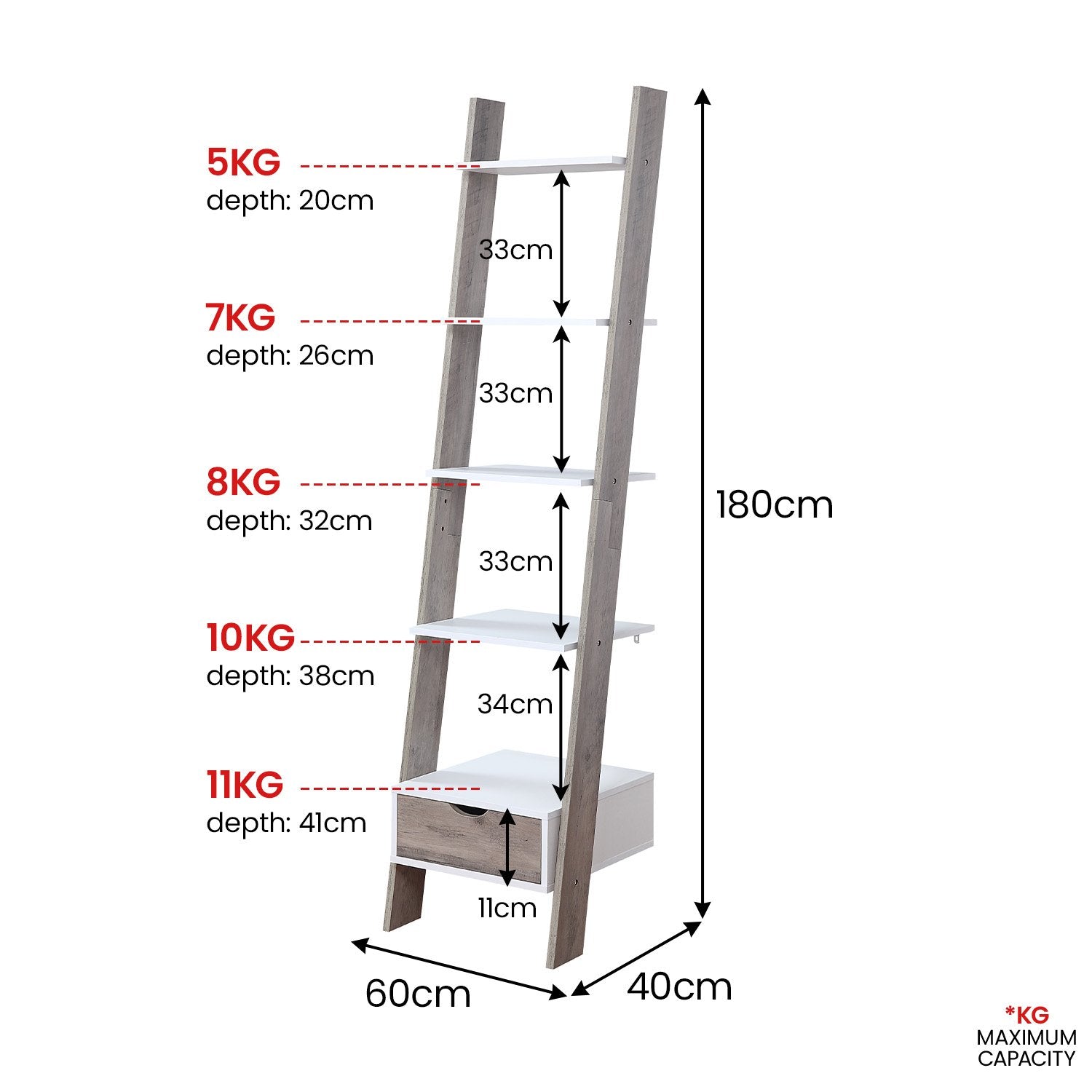 Sarantino Mira 5-Tier Ladder Shelf - White & Grey Oak