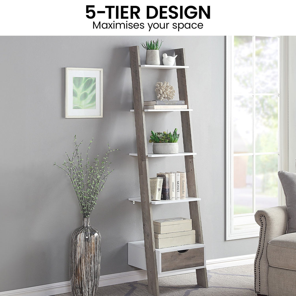 Sarantino Mira 5-Tier Ladder Shelf - White & Grey Oak