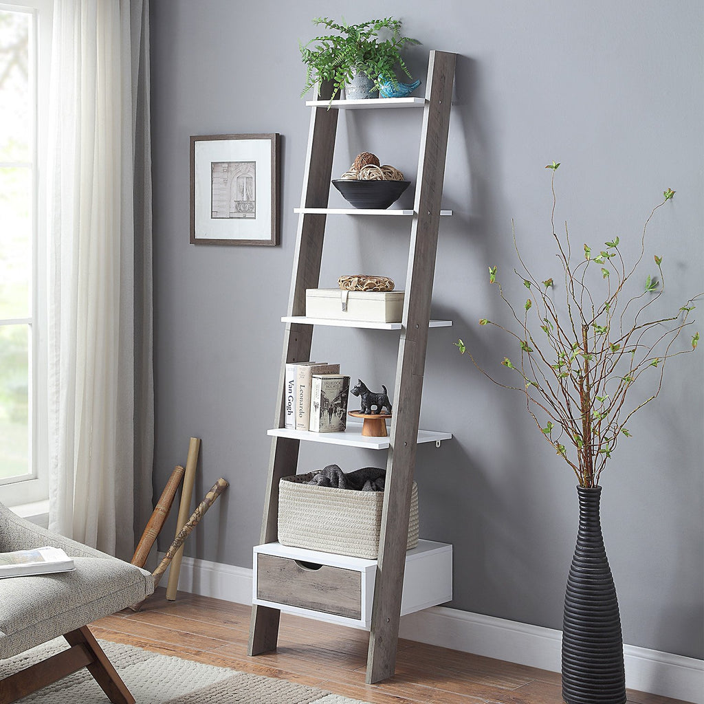 Sarantino Mira 5-Tier Ladder Shelf - White & Grey Oak