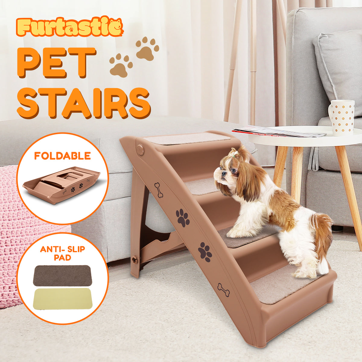 Furtastic 50cm Foldable Pet Stairs - Brown