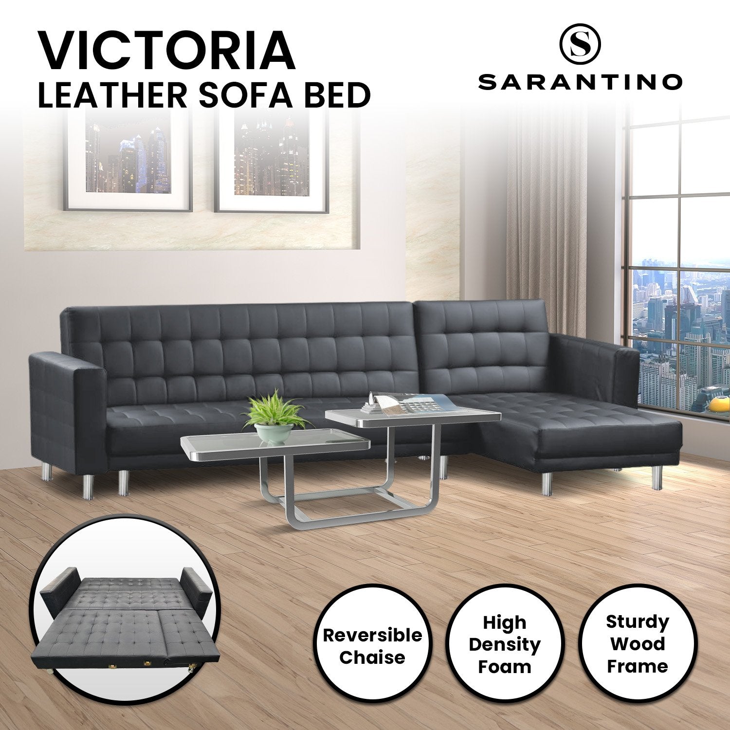 Sarantino Black Faux Leather Corner Sofa Bed