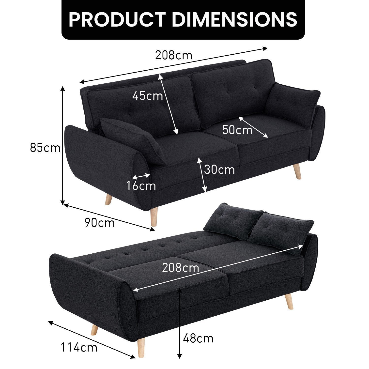 Sarantino Black 3 Seater Modular Sofa Bed