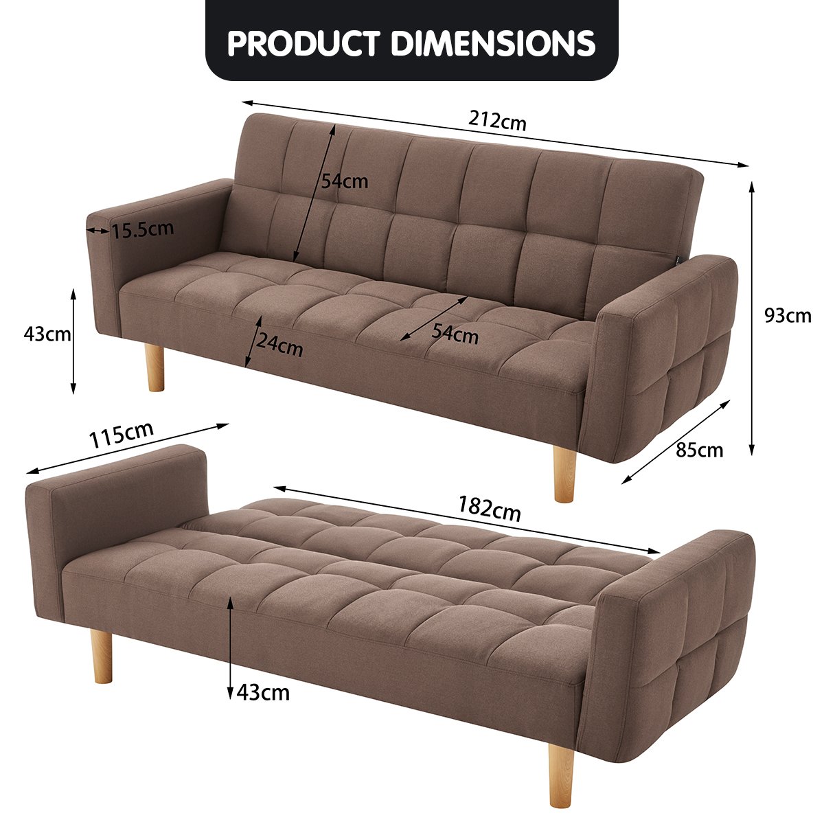 Sarantino Modern Brown 3-Seater Sofa Bed