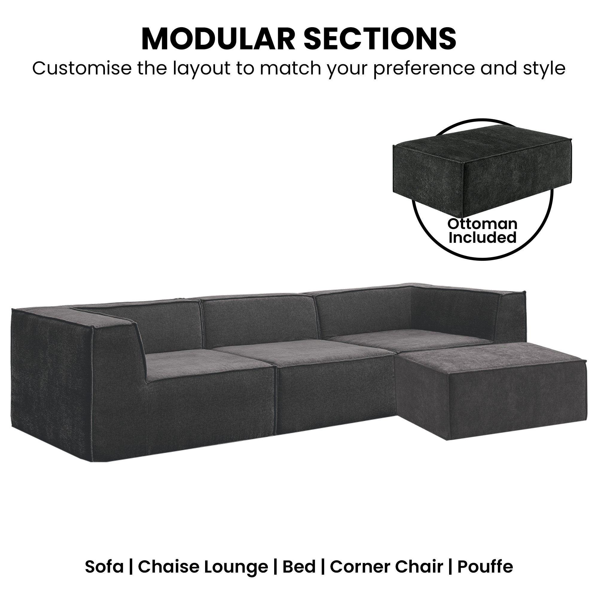 Sarantino Novi Modular 3-Seater Sofa with Ottoman