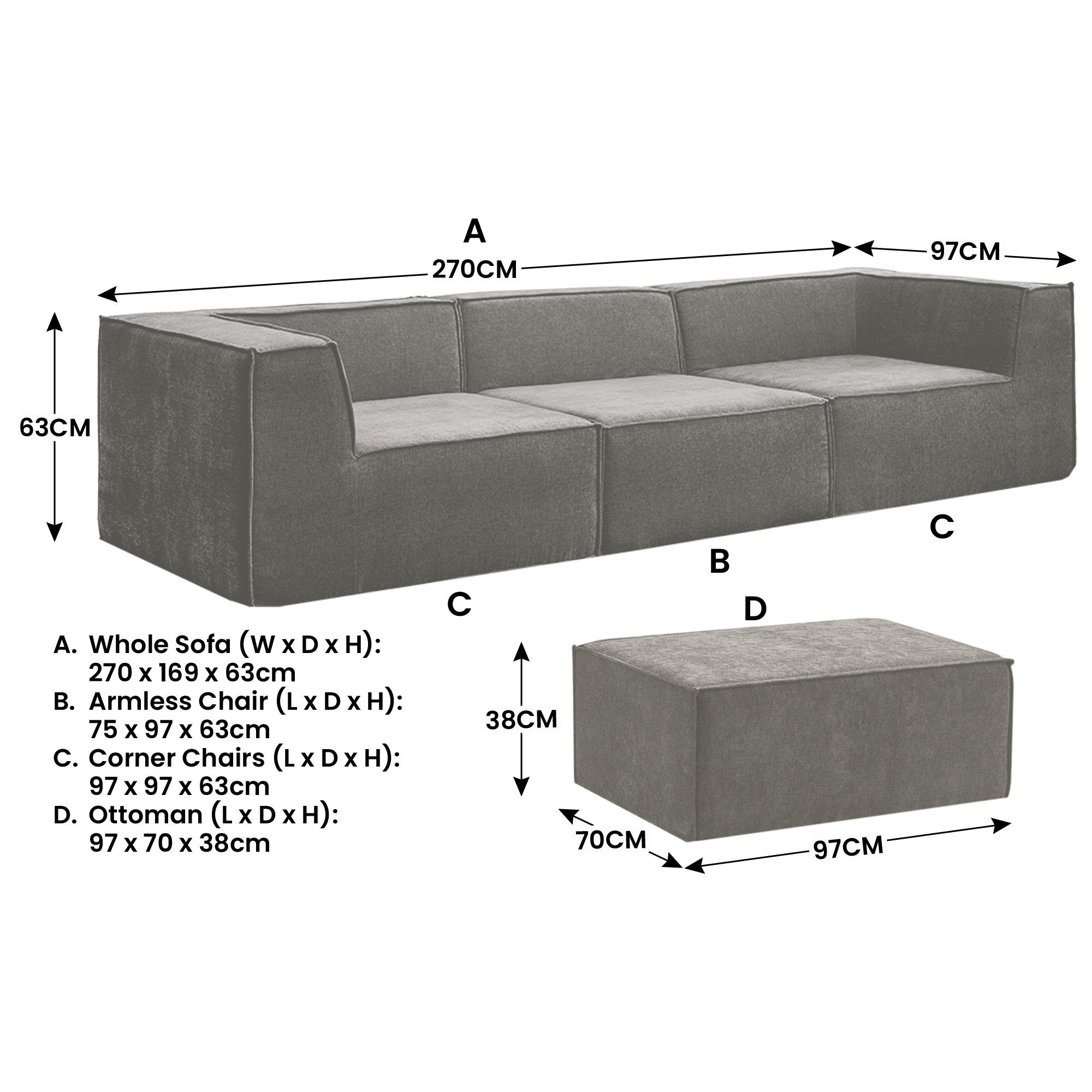 Sarantino Novi 3-Seater Modular Sofa in Grey