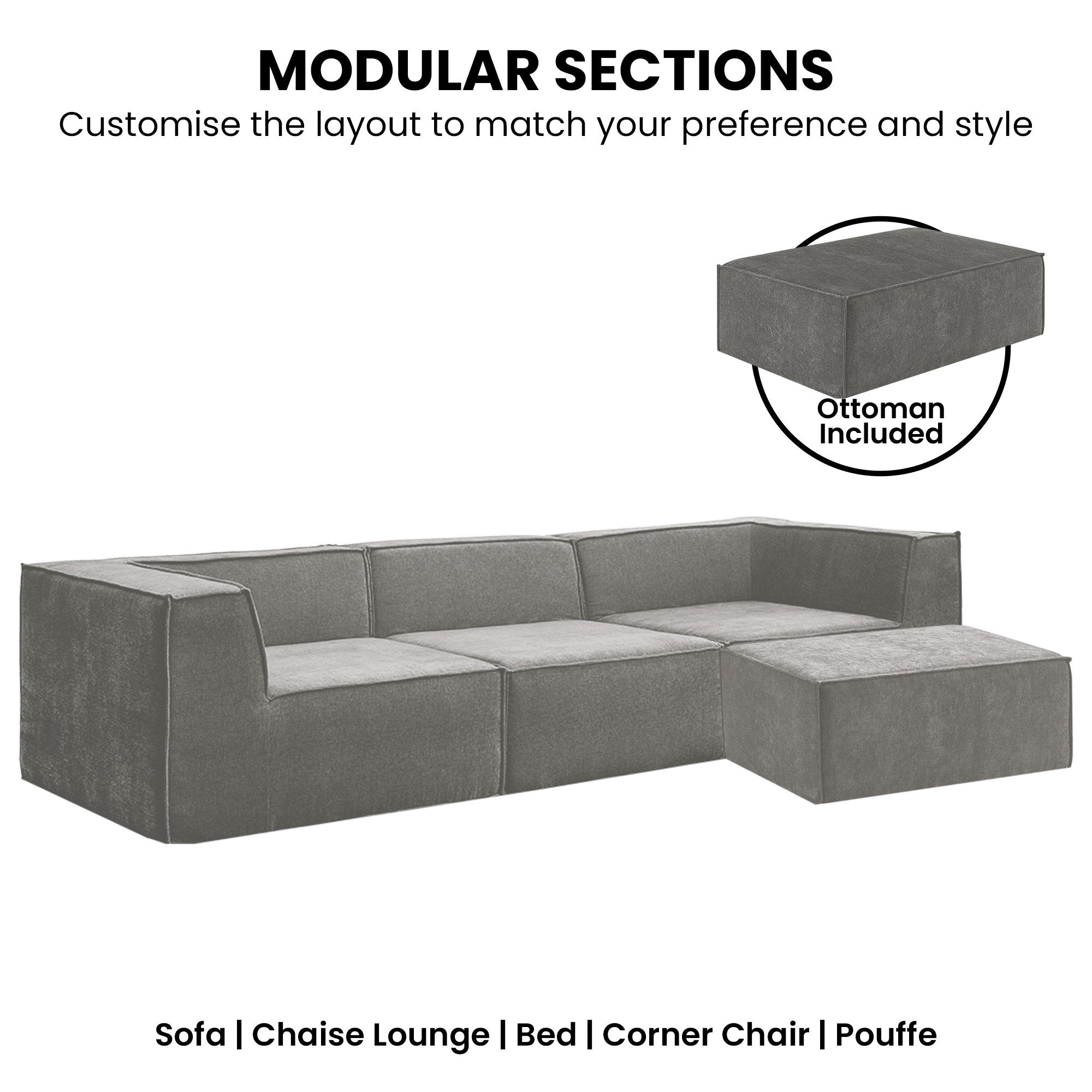 Sarantino Novi 3-Seater Modular Sofa in Grey