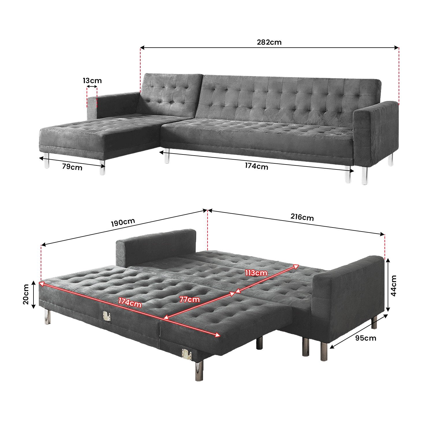 Sarantino Grey Faux Velvet Corner Sofa Bed