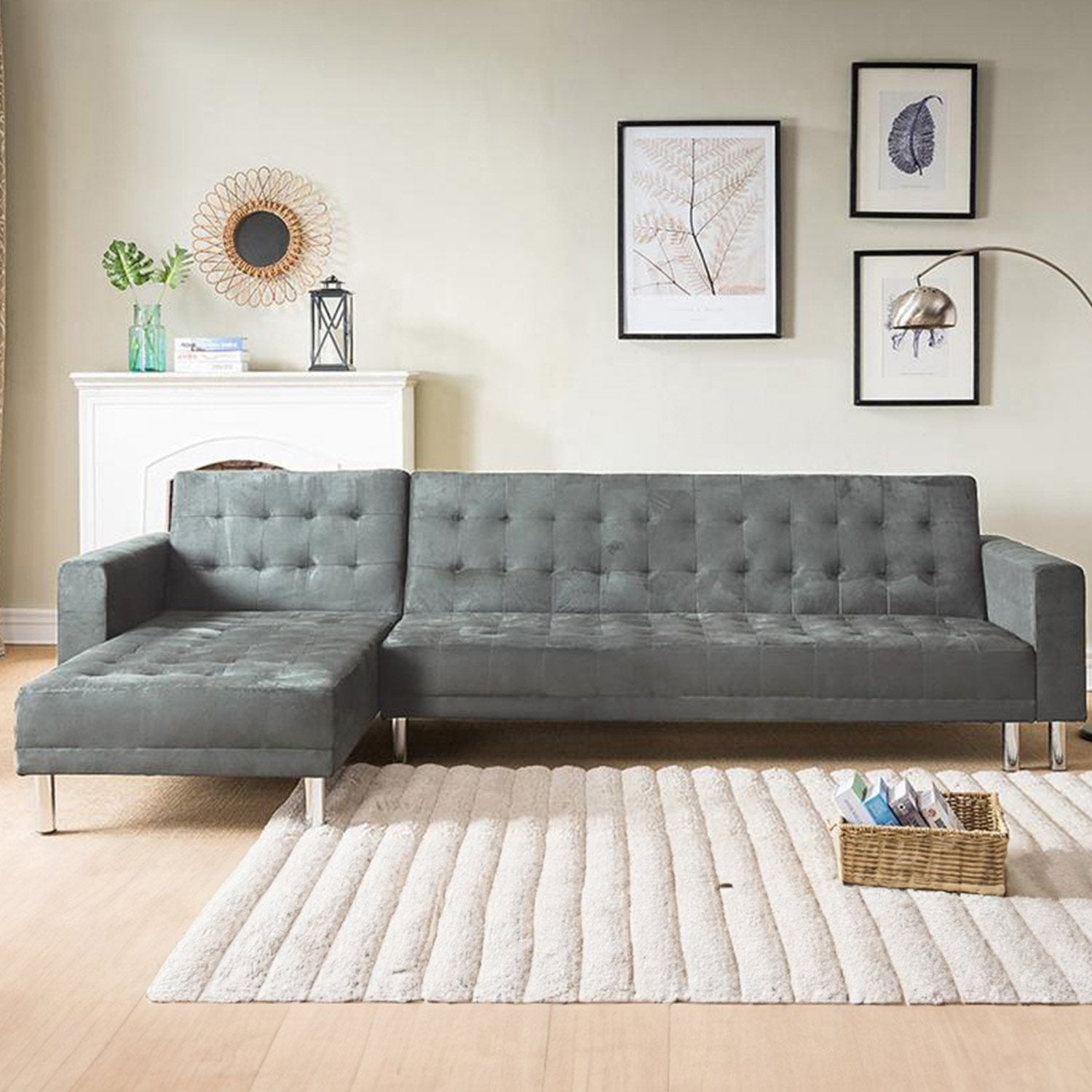 Sarantino Grey Faux Velvet Corner Sofa Bed