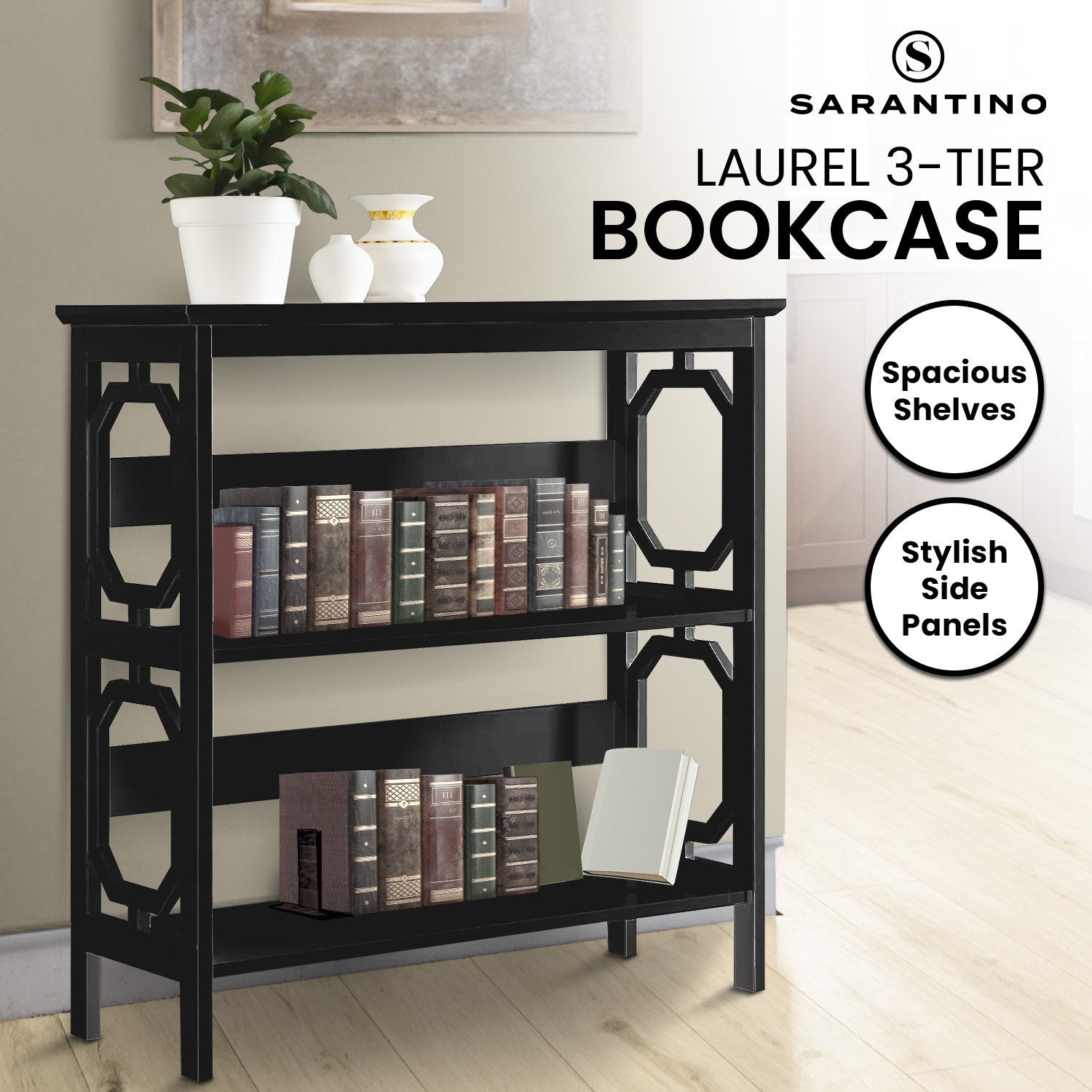 Sarantino Laurel Black 3-Tier Bookshelf