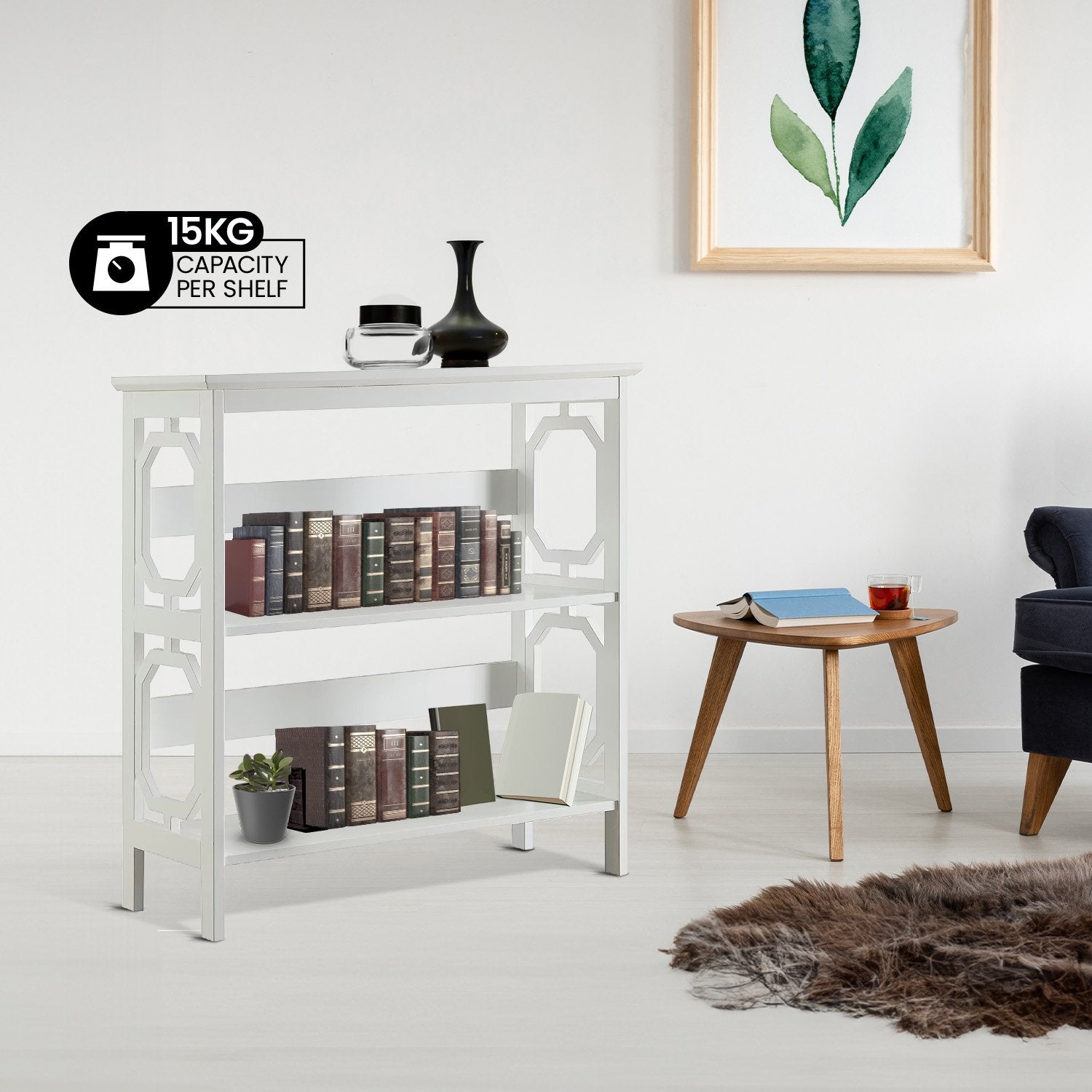 Sarantino Laurel Elegant 3-Tier Bookshelf in White