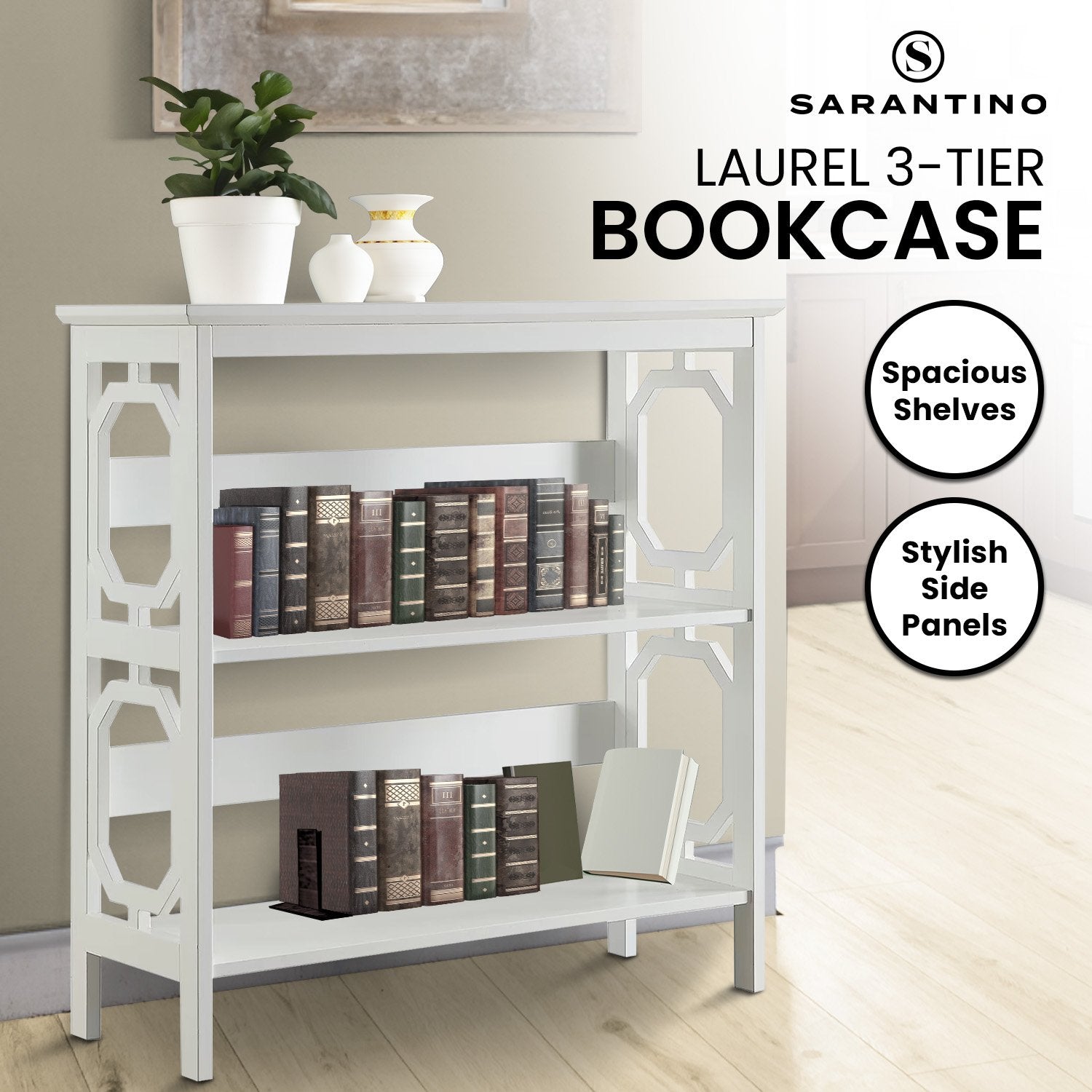 Sarantino Laurel Elegant 3-Tier Bookshelf in White