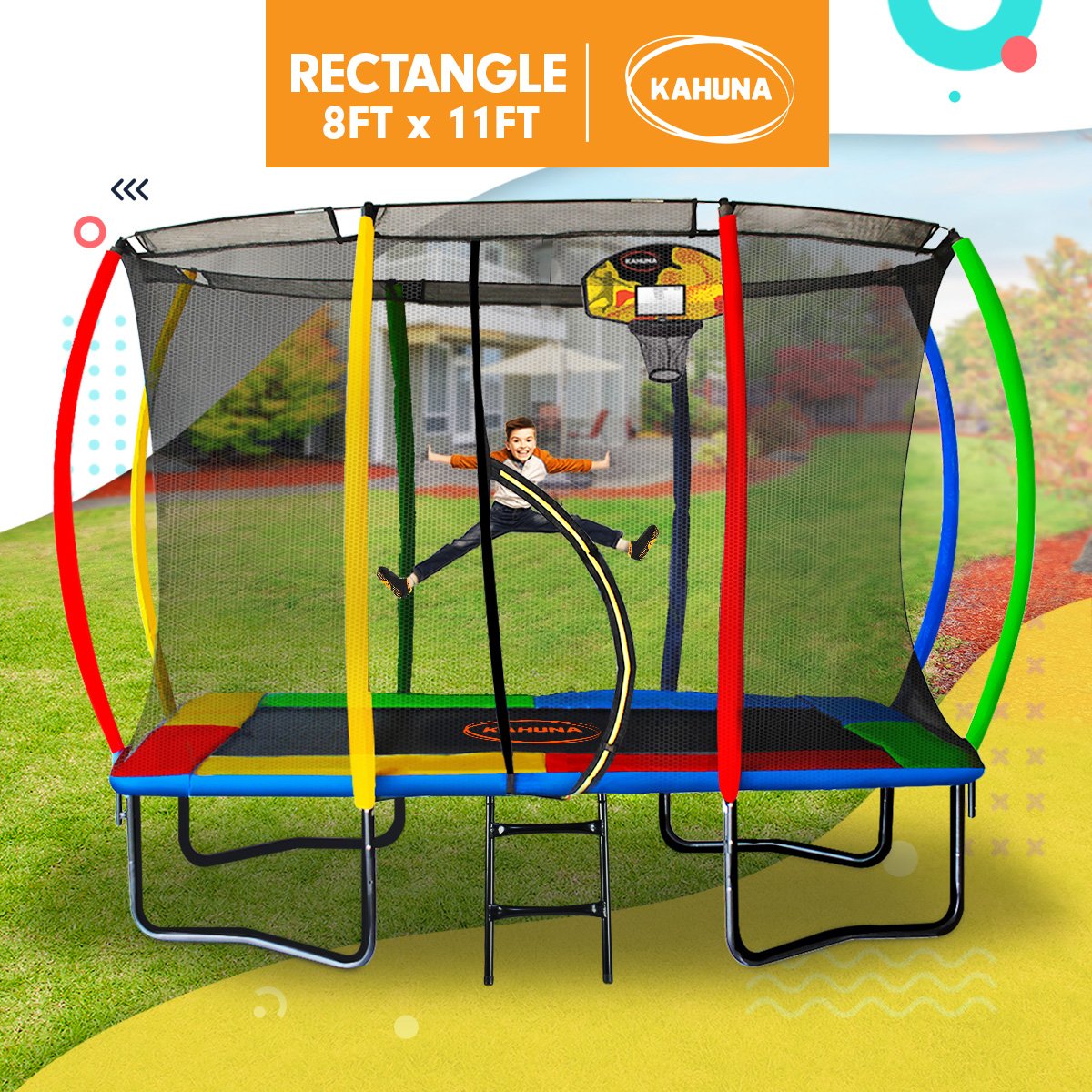 Kahuna 8ft x 11ft Rainbow Trampoline with Basketball Hoop