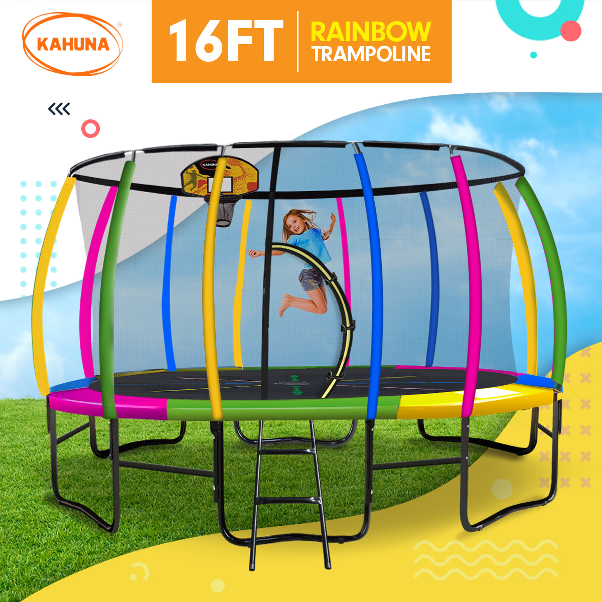 Kahuna 16ft Rainbow Trampoline with Basketball Set