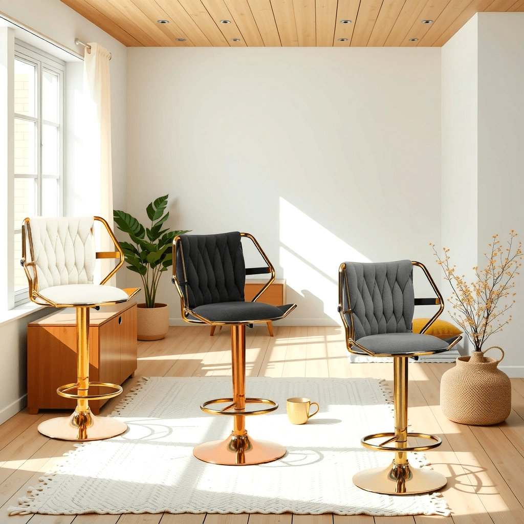 Elegant Velvet Barstools with Golden Base