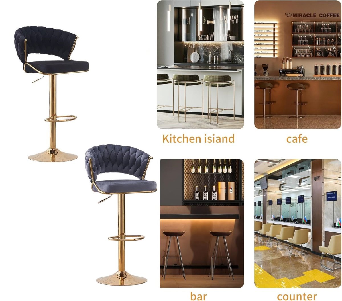 Elegant Velvet Padded Golden Base Barstools