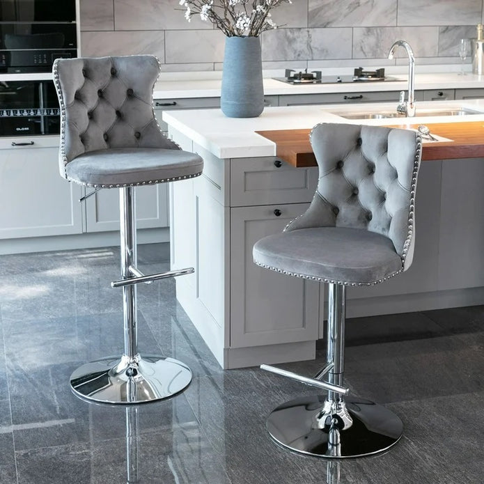 Elegant Gray Velvet Adjustable Bar Stools