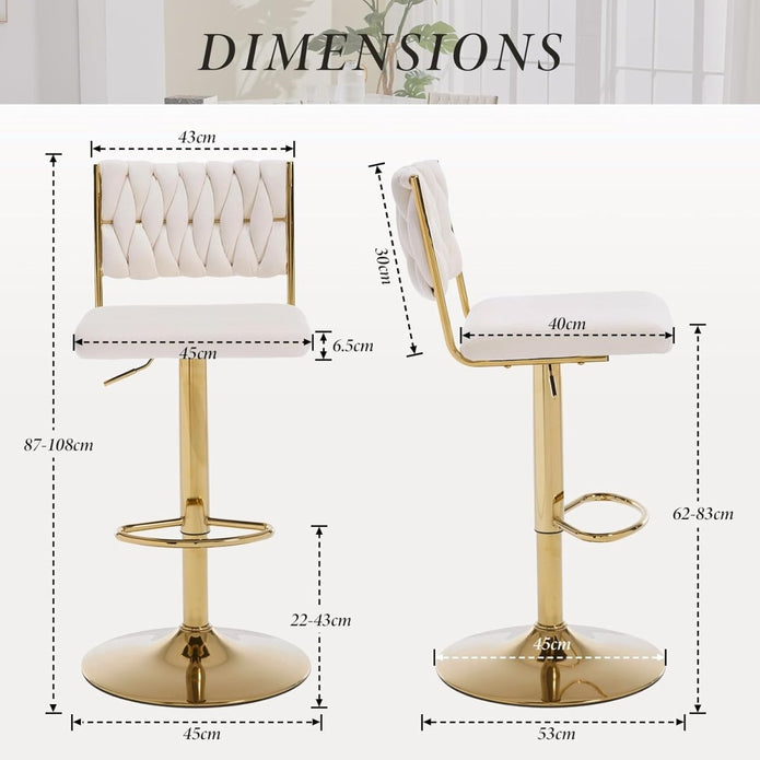 Velvet Bar Stools with Braided Back and Gold Legs