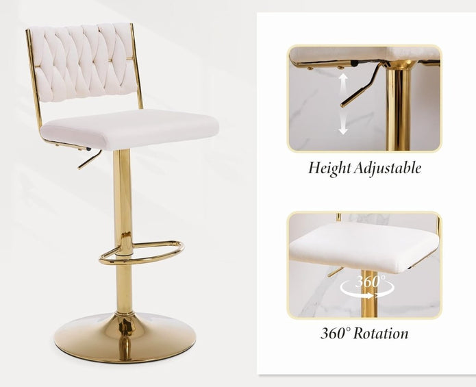 Velvet Bar Stools with Braided Back and Gold Legs