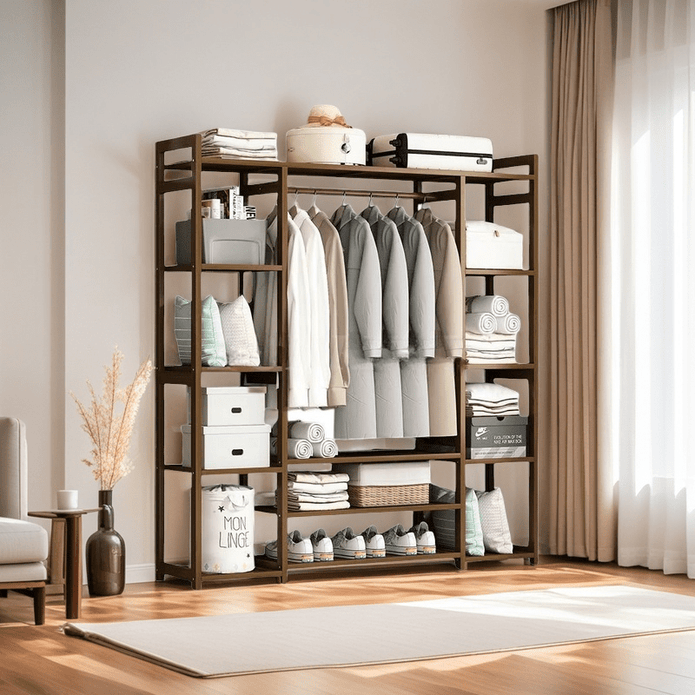 Elegant Bamboo Clothes Rack with Shelves