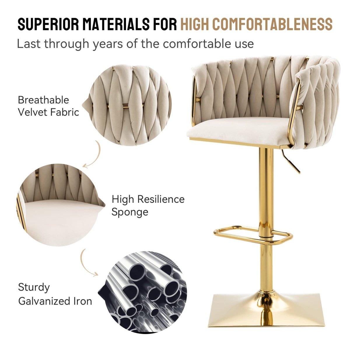 SERENITÀ Adjustable Velvet Bar Stools - Set of 2