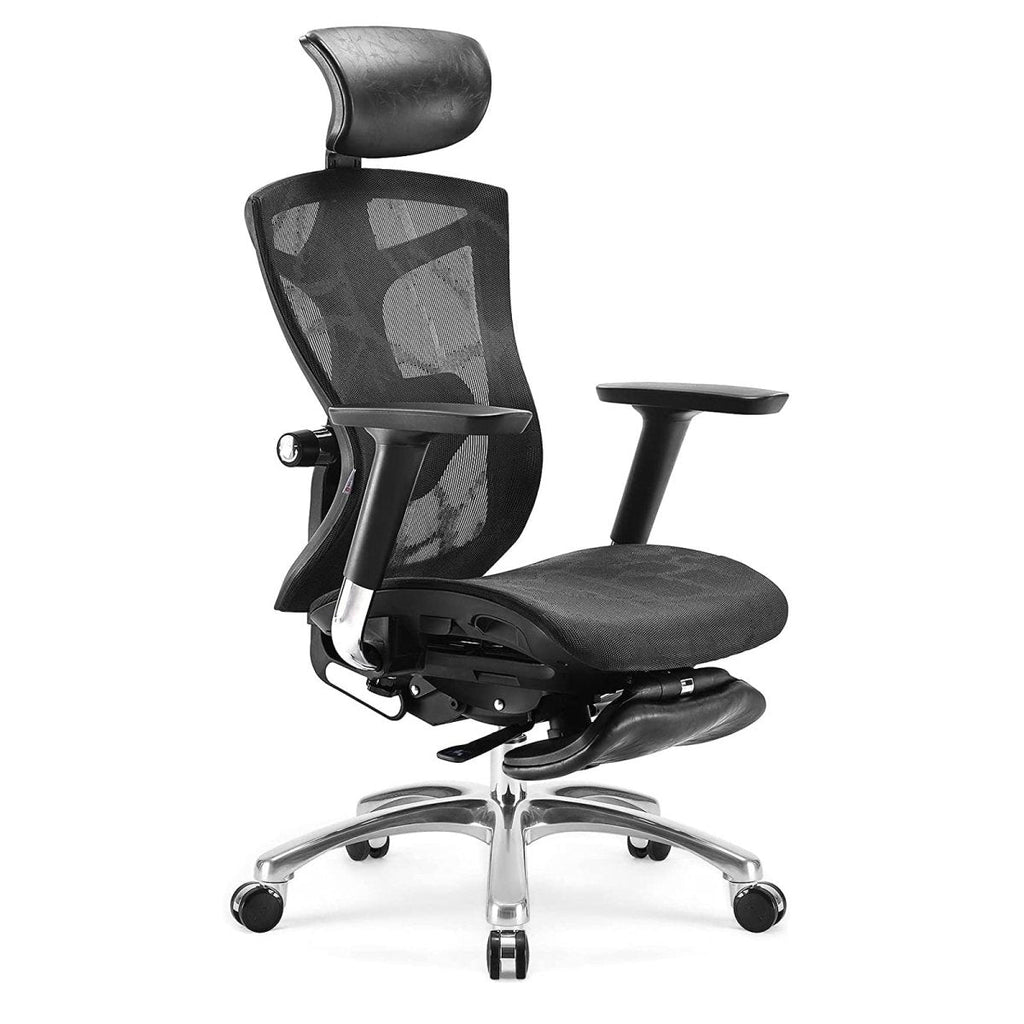 Ergonomic office chair with mesh back and adjustable armrests on a white background