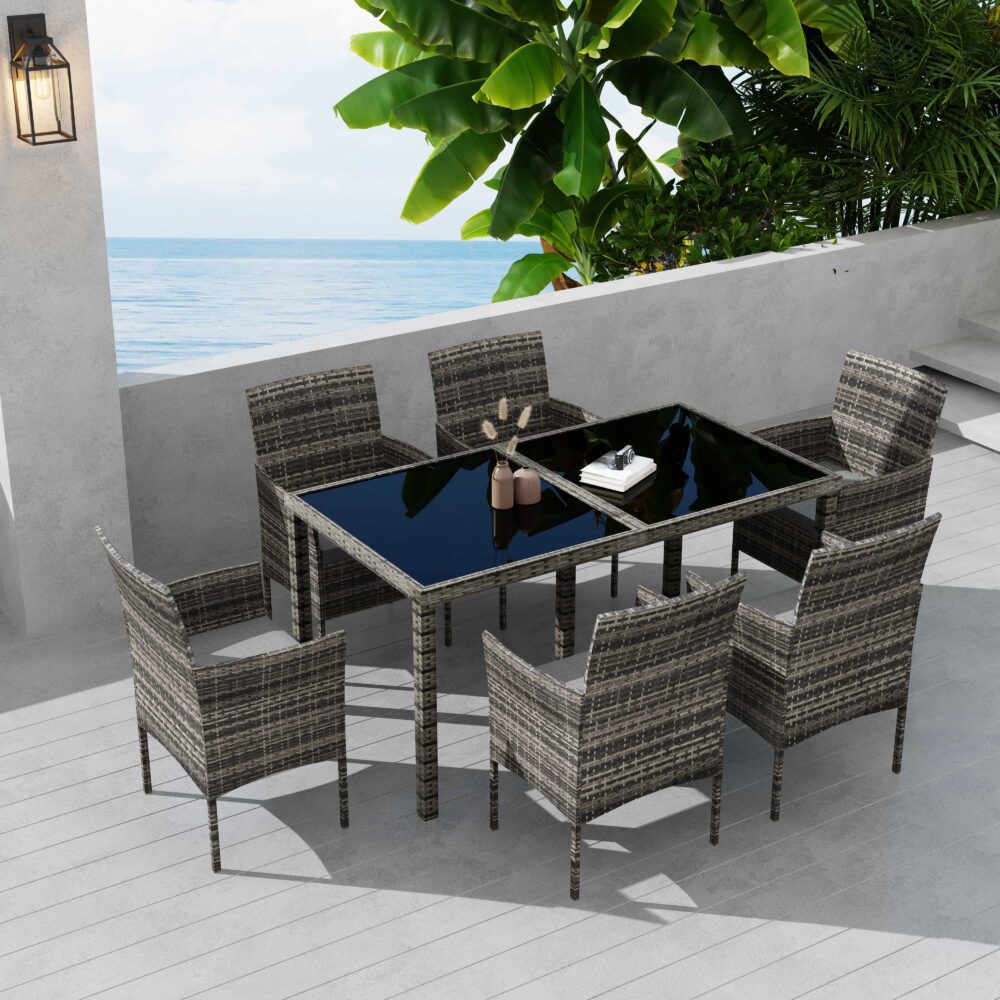 Rural Style Grey Wicker 6-Seater Dining Set