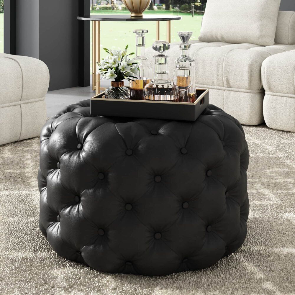 Contemporary Black Leather-look Button Ottoman