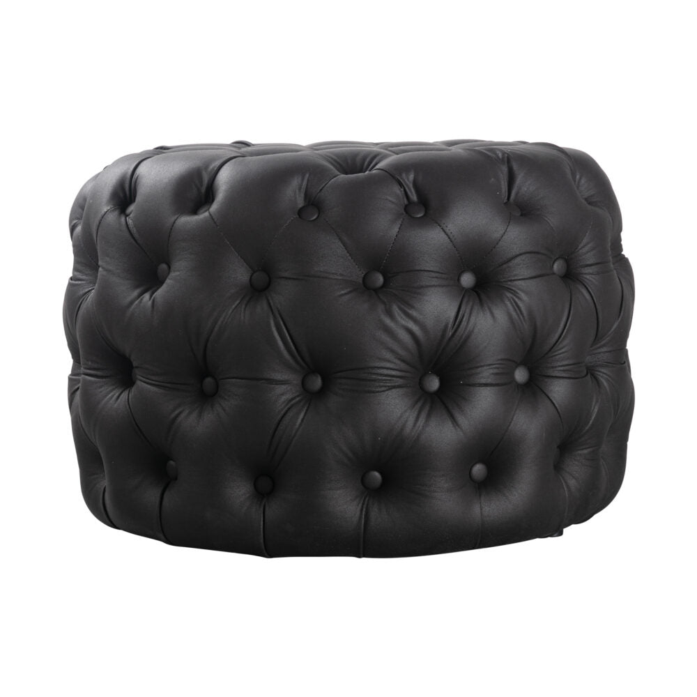 Contemporary Black Leather-look Button Ottoman